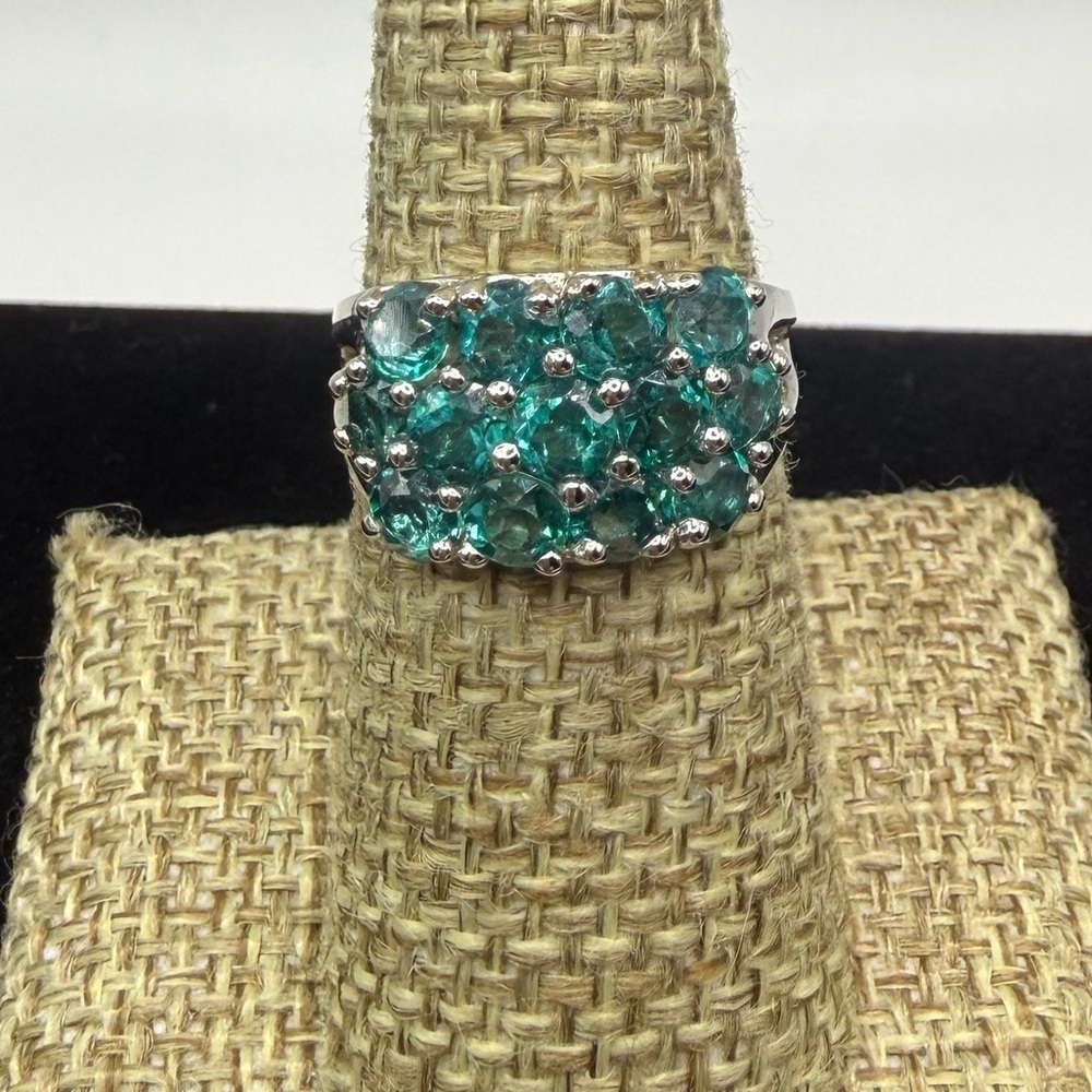925 Sterling Silver Blue-Green CZ Cluster Ring Size 6.75